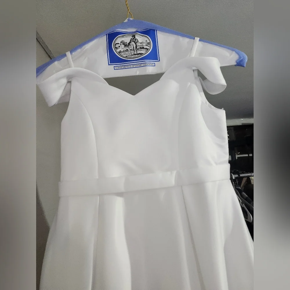David's Bridal Girl Satin Off Shoulder White Dress W/ Some Light Imperfections - Picture 3 of 11